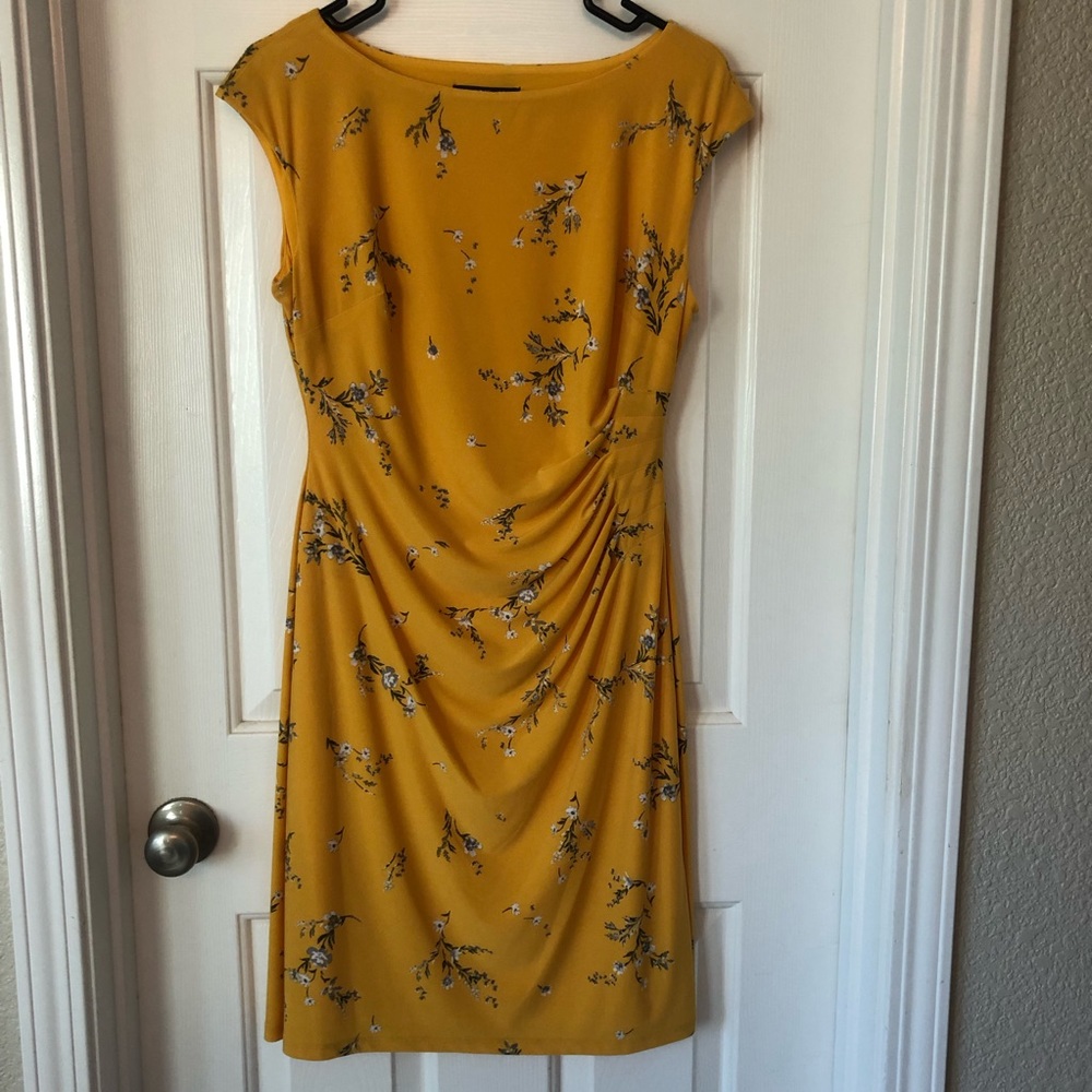 Ralph Lauren Yellow Ruched Bateau Midi Dress